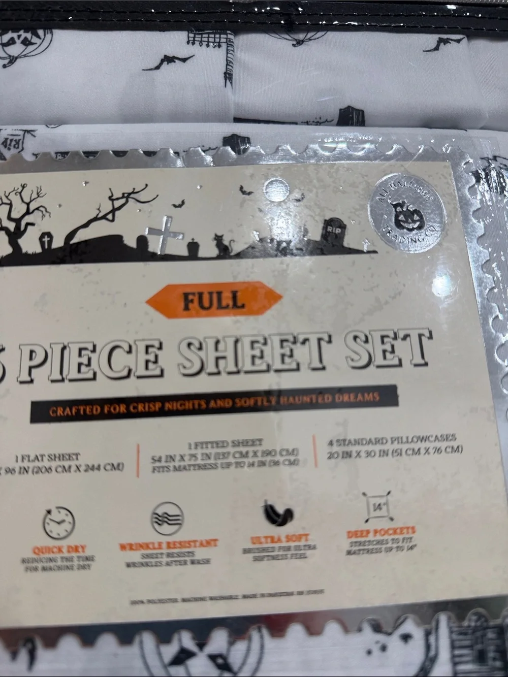 All Hallows Trading Co. Halloween White & Black Spooky Haunted FULL Sheet Set